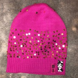 Rebecca BonBon - Gold Sequin Pink beanie knit hat